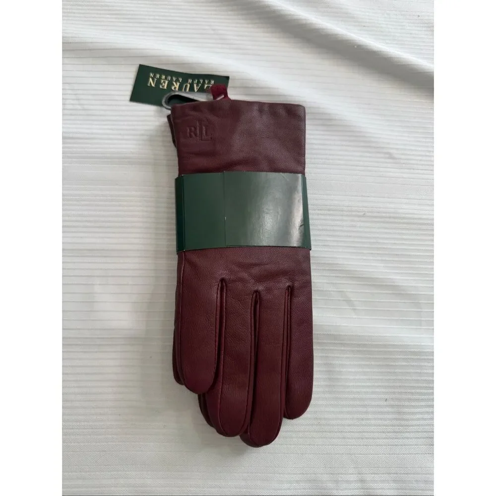 NWT Lauren Ralph Lauren Maroon Leather Gloves Size Small New